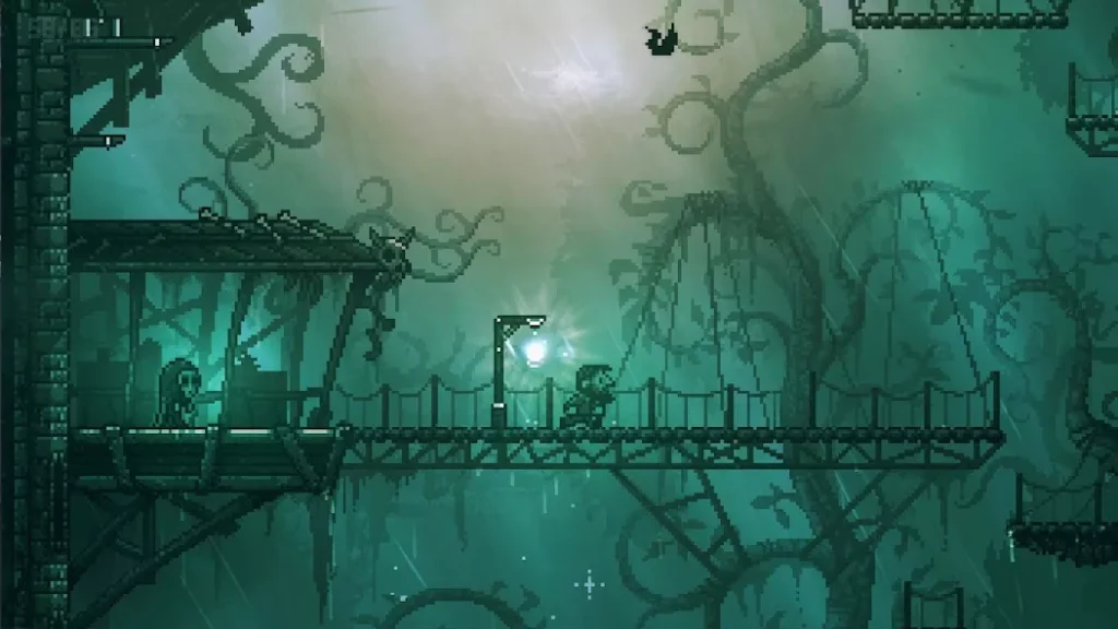INMOST 中人物穿过雨中悬桥的像素场景