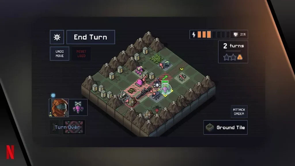 Into the Breach 棋盘战场、机甲与敌方生物的回合制战斗画面