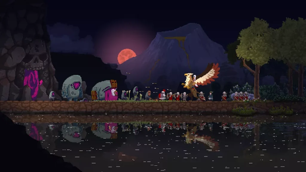 Kingdom Two Crowns 君主骑乘狮鹫率军接近敌方巢穴的夜景