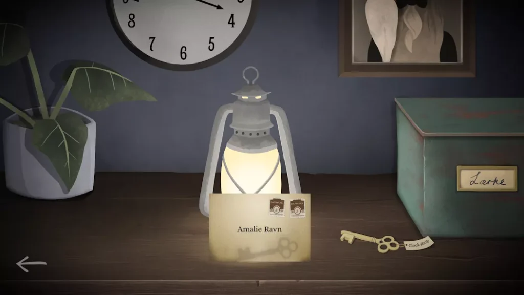滴答双人冒险中含时钟、信件和钥匙的室内谜题场景